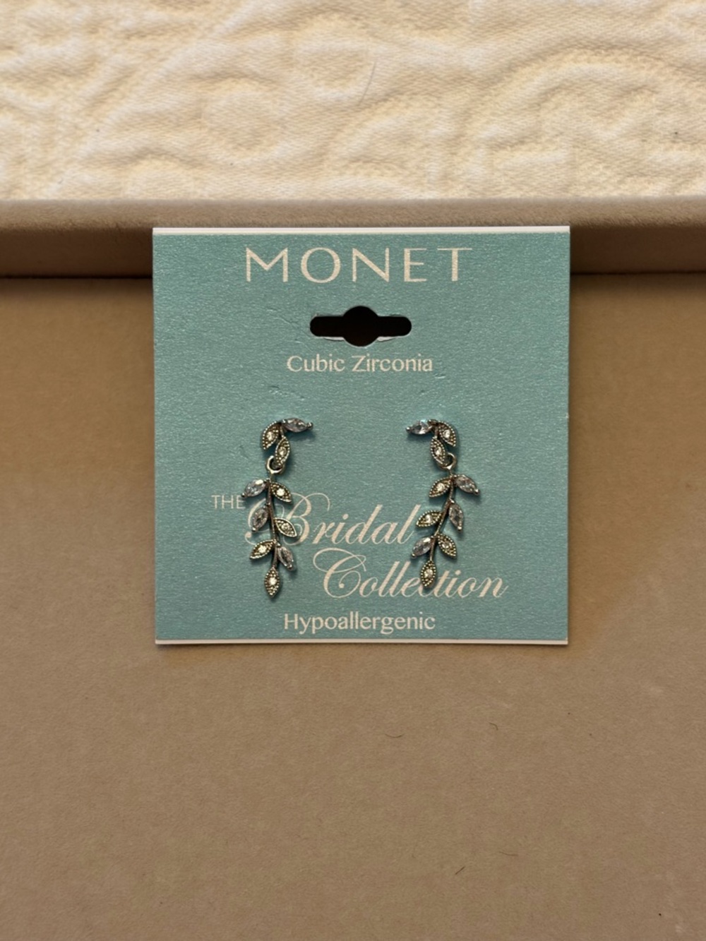Monet Silver-Tone Leaf Drop Earrings with Clear Accents